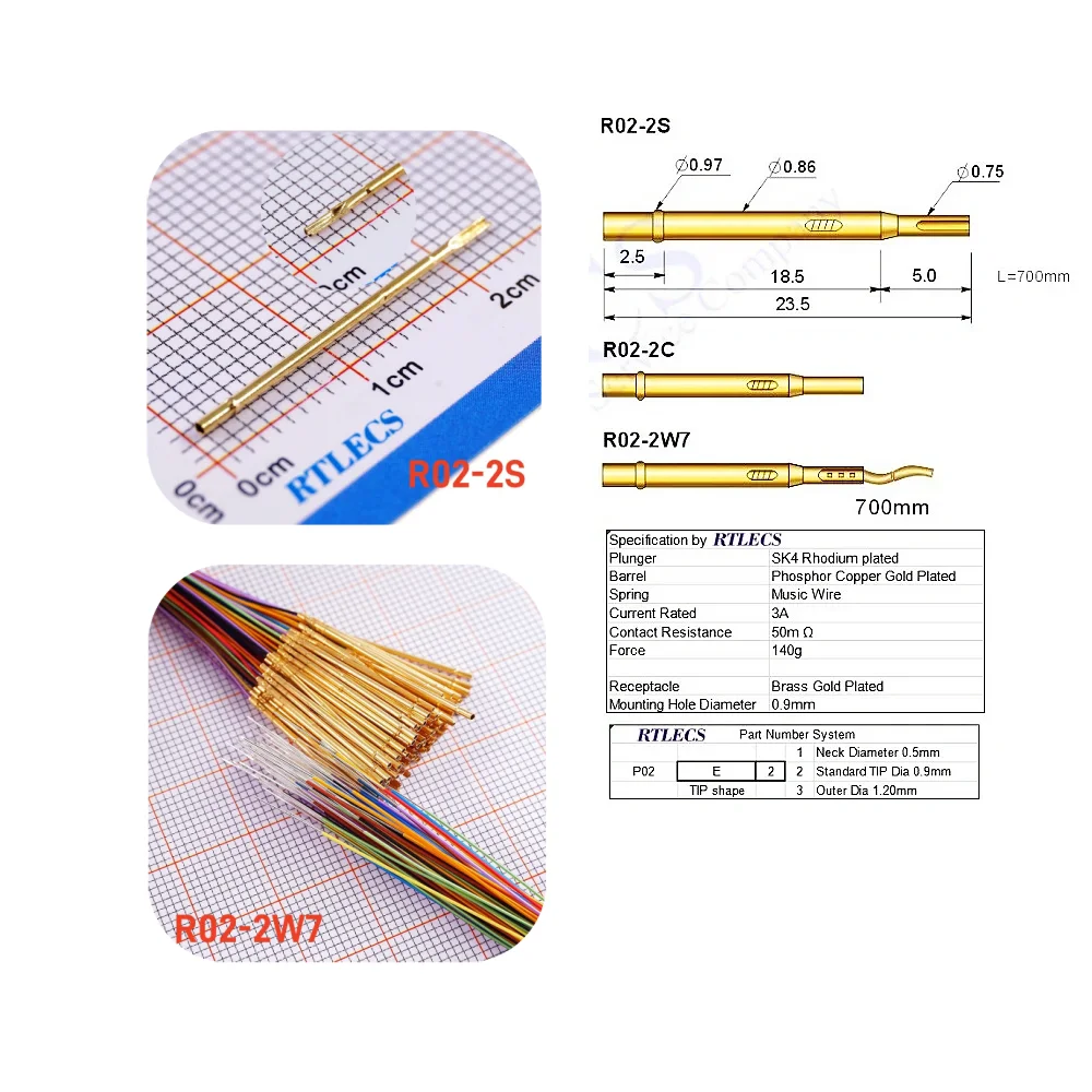 100Pcs Bare PCB 1.27 MM Pitch Gold plate Spring Test Probe P02 R02 Pin 24.7MM Length 0.68mm Dia  TIP styles Sockets to Order