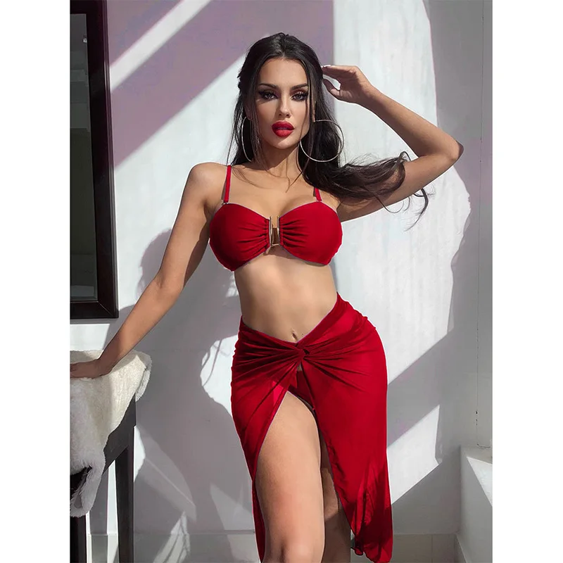 High Elasticity Slim Fit women's Split Long Skirt Swimsuit With Small Chest Gathering Design Showcasing Charming Curves