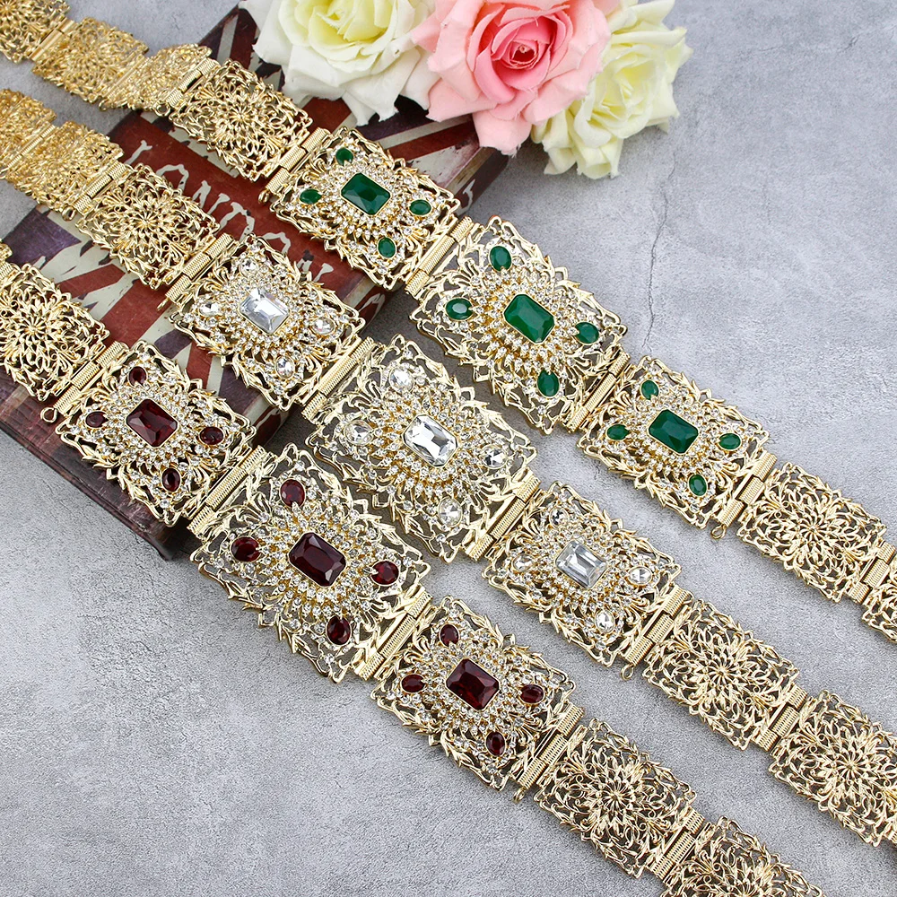 Sunspicems Gold Color Blue Crystal Morocco Caftan Belt For Women Algera Bride Wedding Belt Jewelry Decorative Waist Chain