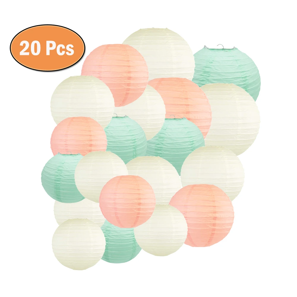 20 Pcs Round Chinese Paper Lantern White Beige Mint Green Paper Ball for Birthday Home Garden Hanging Decoration(8