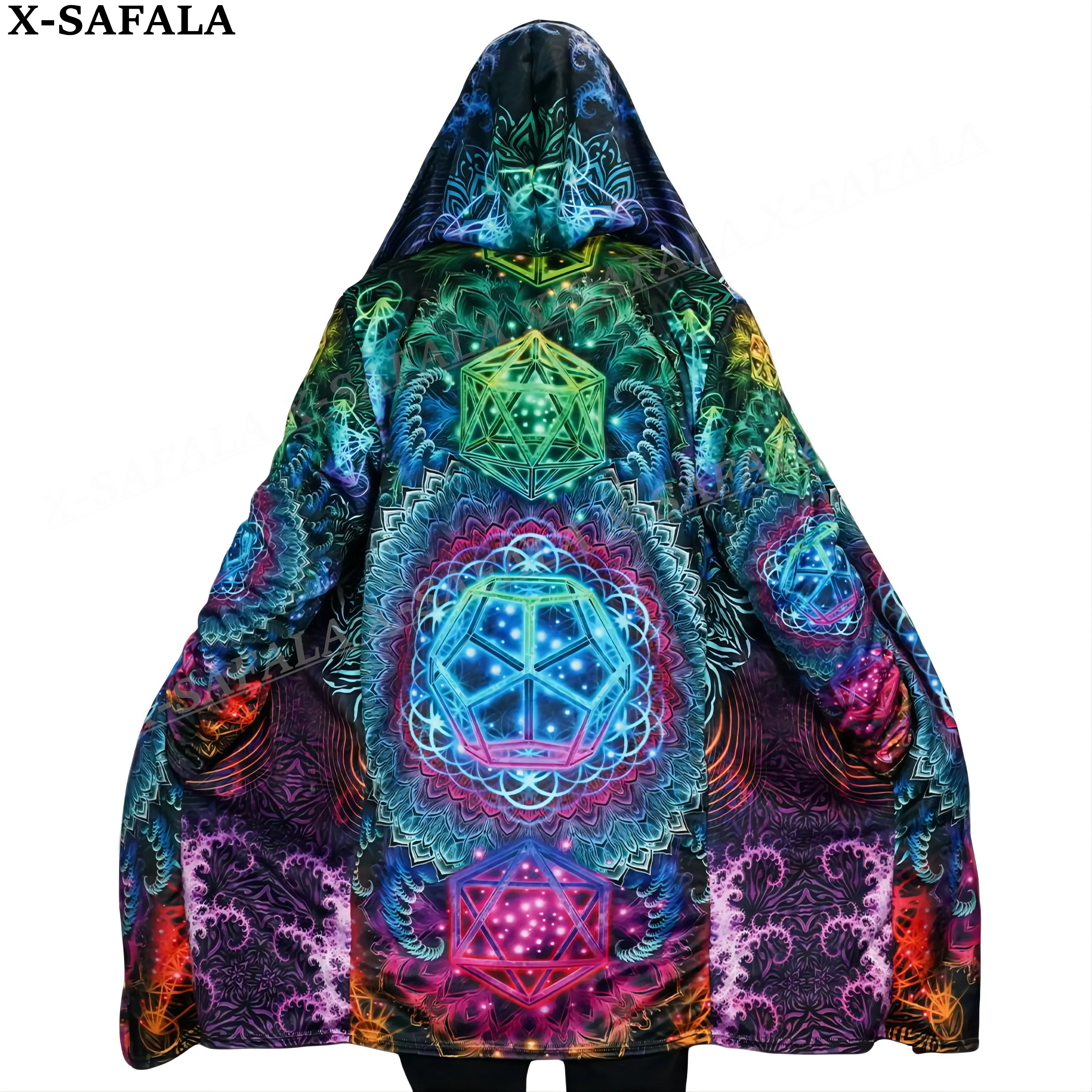 Hippie Psychedelic สีสัน Trippy พิมพ์หนา Hooded เสื้อกันหนาวผู้ชาย Windproof Fleece Cape Robe Hooded ผ้าห่ม-10