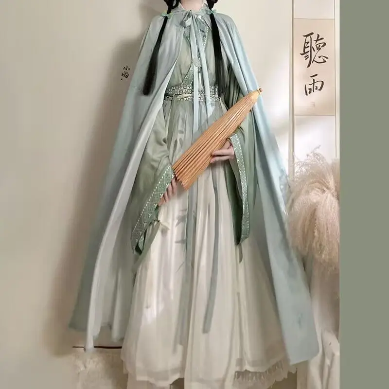 

Hanfu Dress Women Ancient Chinese Song Dynasty Hanfu Cyan Sets Female Cosplay Costume Hanfu Cloak +3pcs Sets Party Dress Plus XL