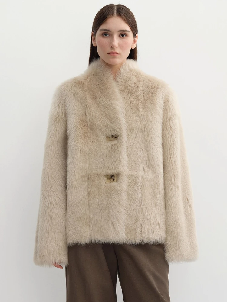 الراقية الفاخرة توسكانا لامب الفراء شيرلينغ الستر للنساء 2025 جديد بسيط الوقوف طوق الشتاء جلد طبيعي معطف الفرو الحقيقي