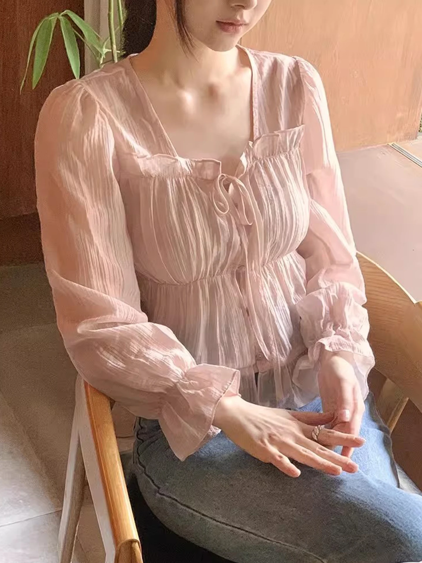 

Pink Bow Tie Lace up irt Women's Early Spring New Sweet Anti Aging Match All over Korean Sle Loose Fit Long Sve Top