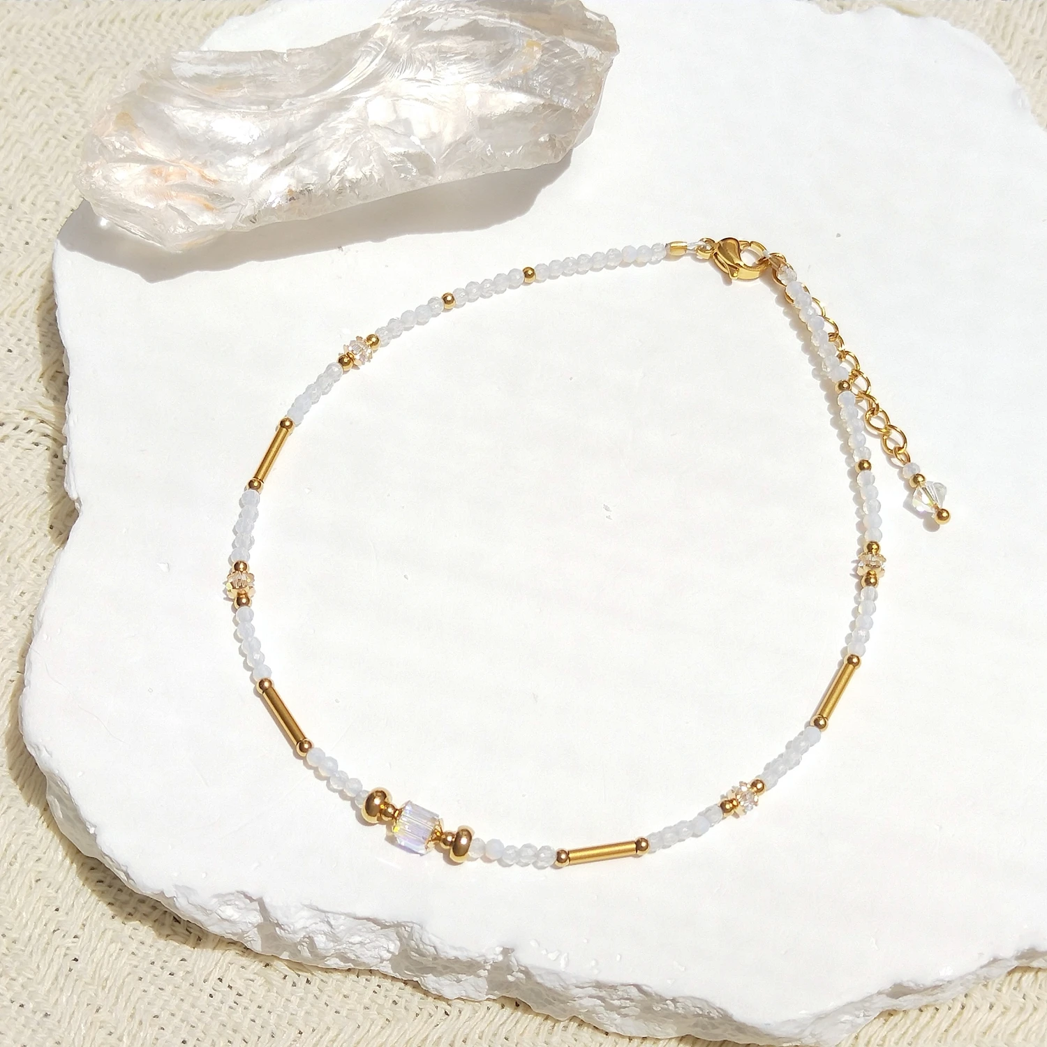Lii Ji Natural Opalite 2mm Stainless Steel American 14K Gold Filled Handmade Anklet 24+3cm