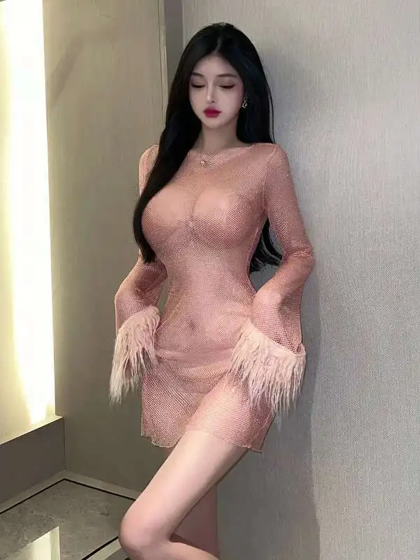 WOMENGAGA 2023 セクシーなきらめきメッシュレース薄手のドレス毛皮長袖透明ドレスエレガントなホットセクシーな韓国女性トップス RJ80