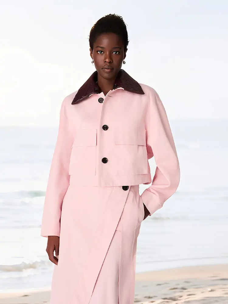 

Elegant Pink 2 Pieces Coat Set Women Detachable Collar Jacket Asymmetrical Skirt Suit 2025 Pink Suit Office Lady Two-piece Sets
