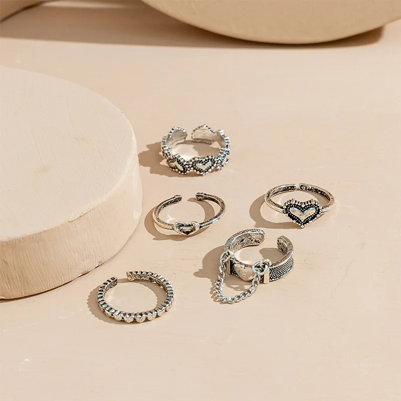 Twist chain love set ring female niche design 5 pieces hip hop retro silver old index finger ring ring
