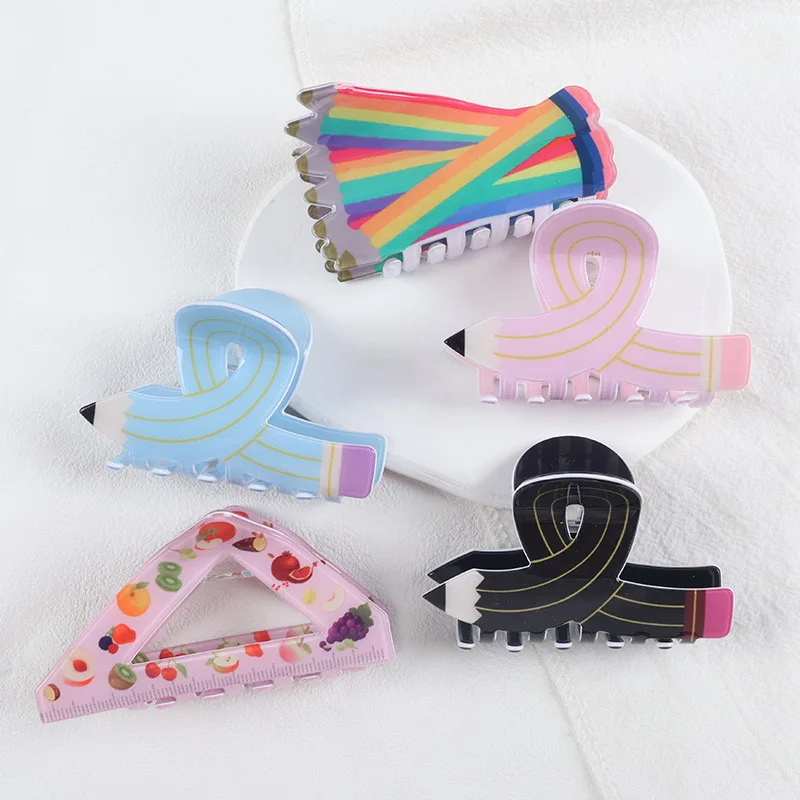 Yaratıcı kalem üçgen cetvel saç pençe yeni asetat renkli saç klipleri fransız Retro şapkalar çocuk saç aksesuarları