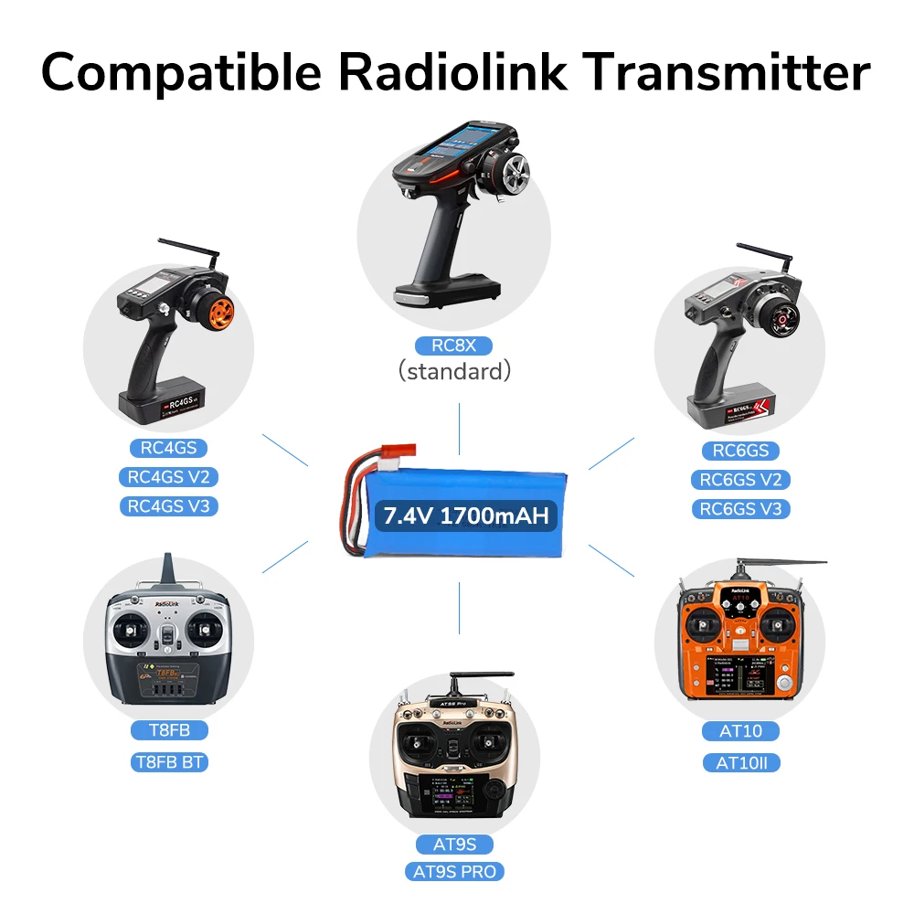 Radiolink 1700mAH 2S Battery for Transmitters RC8X & FULLYMAX 7.4V 2S 600mAh Lipo JST Connector for Radiolink A560 Fixed Wing