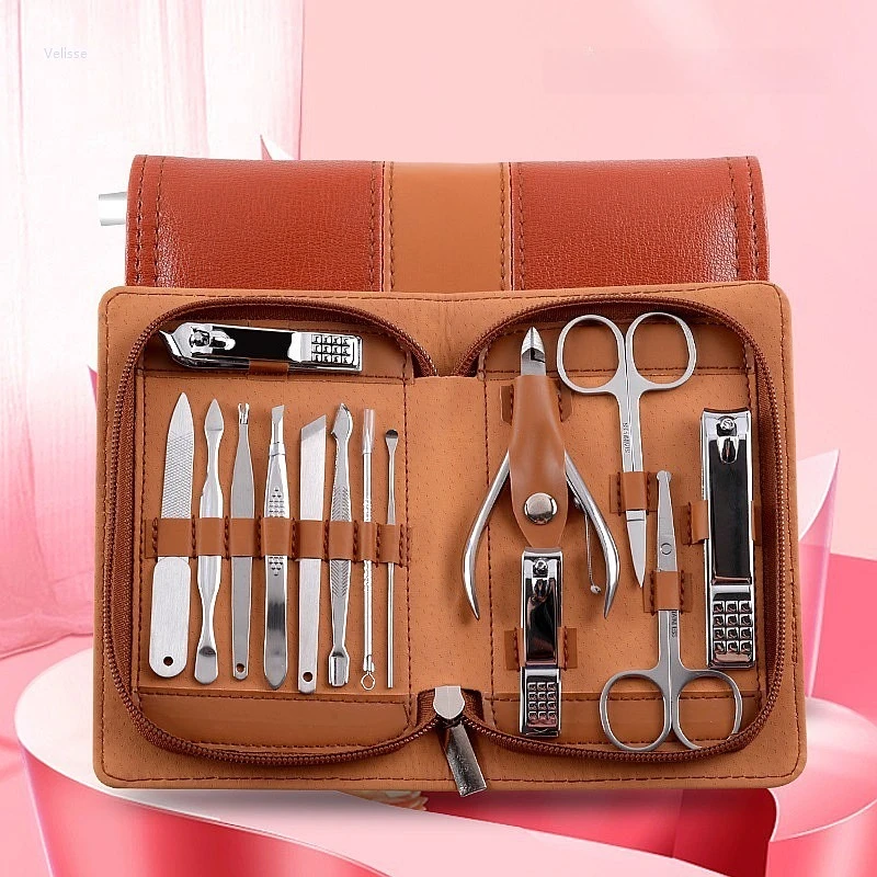 14pcs Professional Stainless Steel Nail Clipper Set Manicure Pedicure Tool Kit Nail Cutter Cuticle Scissors Grooming Gift Case