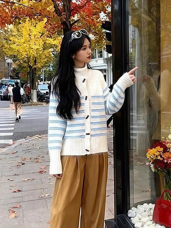 

Корейский цветной свитер в полоску, круглый свитер на пуговицах, женское зимнее новое милое теплое вязаное пальто для девочек Faion