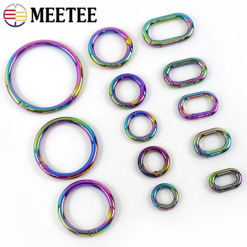 Meetee 5/10Pcs 10-50mm Rainbow Spring Metal O Ring Buckle Carabiner Snap Clip Keychain Clasp Clothes Bags Rings Hook Accessories