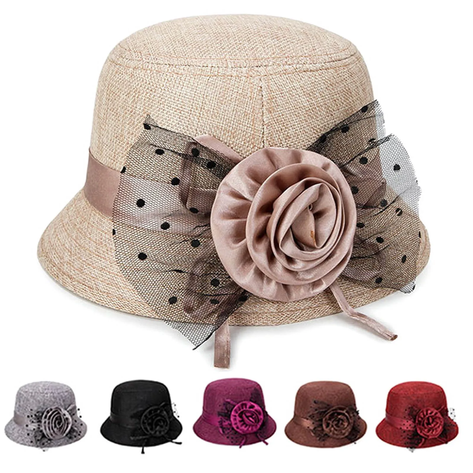 Damen Einfarbiger Sonnenschutz-Prinzessinnenhut mit Blumen Modischer Sommer-Outdoor-Atmungsaktiver Fedora-Hut Abendparty-Accessoire