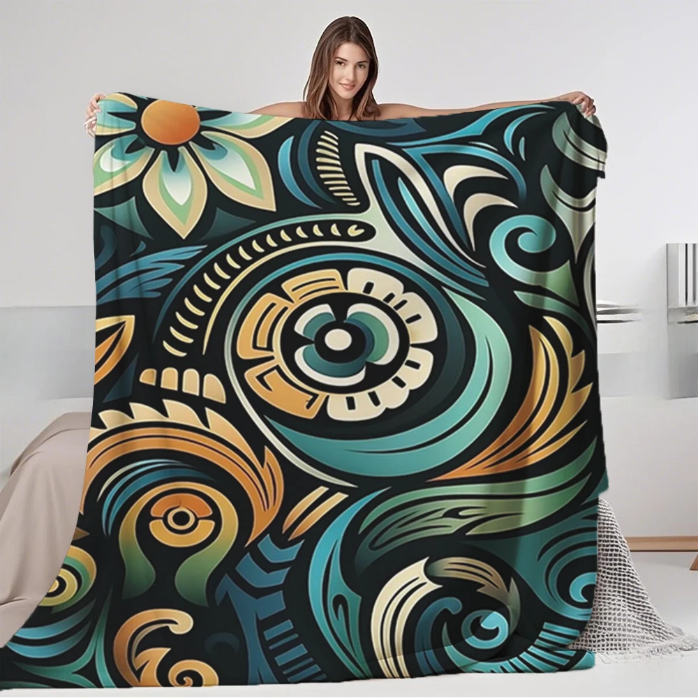 

Practical Flannel Blanket Floral Polynesian Patterns Tribal Coastal Throw Premium Bedding Moisture-wicking Eco-friendly Blankets