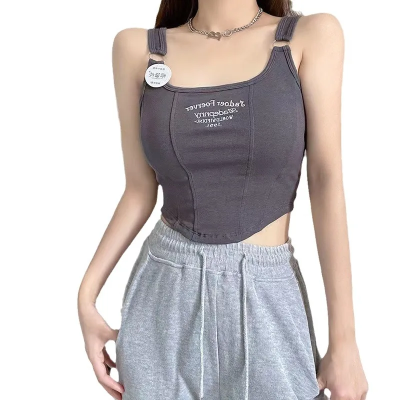 Sexy Tanktops mit Stickerei für Damen, lässige Sport-Crop-Tops im Y2K-Stil mit BH-Einlage, modische schulterfreie Tanktops, lässige Basic-Weste – Detail 14