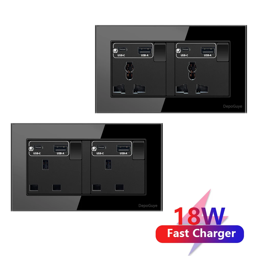 Black UK 13A Wall Socket with USB C 18W Quick Charge Plug Socket, Wall Power Outlet with USB Port, 1-4 Gang Wall Light Switch Pa image 2