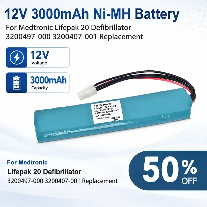 

12V 3000mAh Ni-MH Battery For Medtronic Lifepak 20 Defibrillator 3200497-000 3200407-001 Replacement