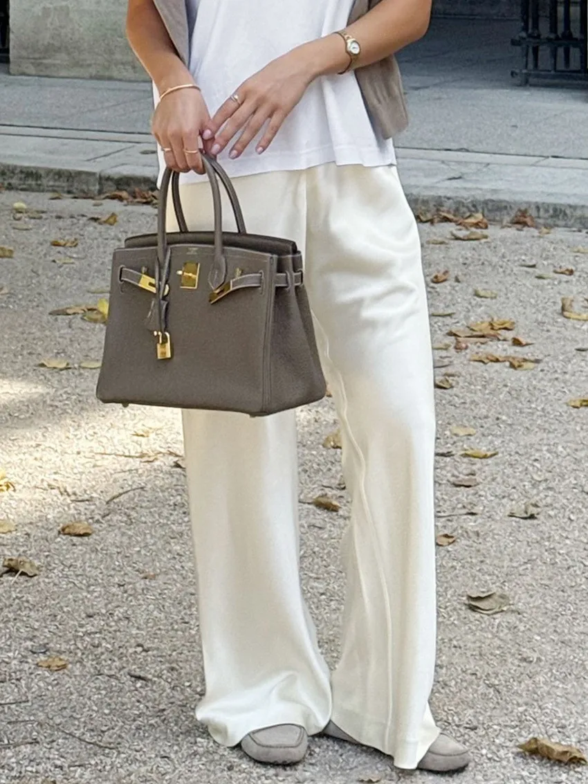Spring Summer Women's Clothing High Waist Straight Leg Pants Elegant Office Wear Polyester Satin Look Trousers For Woman