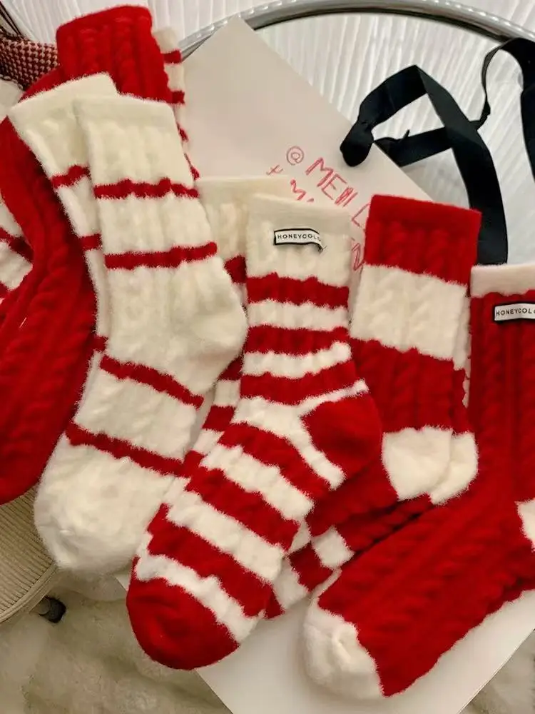 Осень/зима, красные теплые женские длинные чулки длиной до пола, мягкие и удобные, школьный сезон, Рождество, Новый год