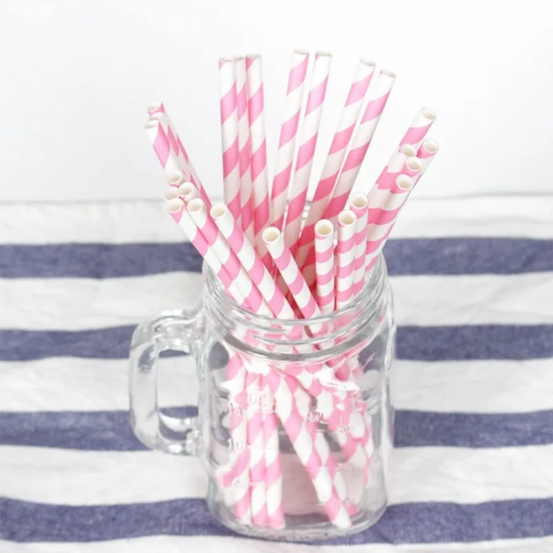 50 Packs Pink Striped Paper Straws, Biodegradable Disposable Drinking Straws for Party Decoration