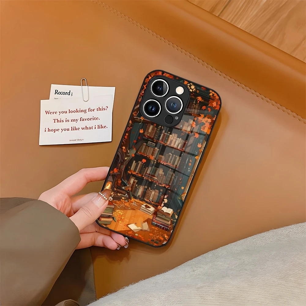 Read Books illustration Phone Case Tempered Glass For iPhone 16 15 13 14 12 11 Pro XS Max Plus Mini SE2020 Coque