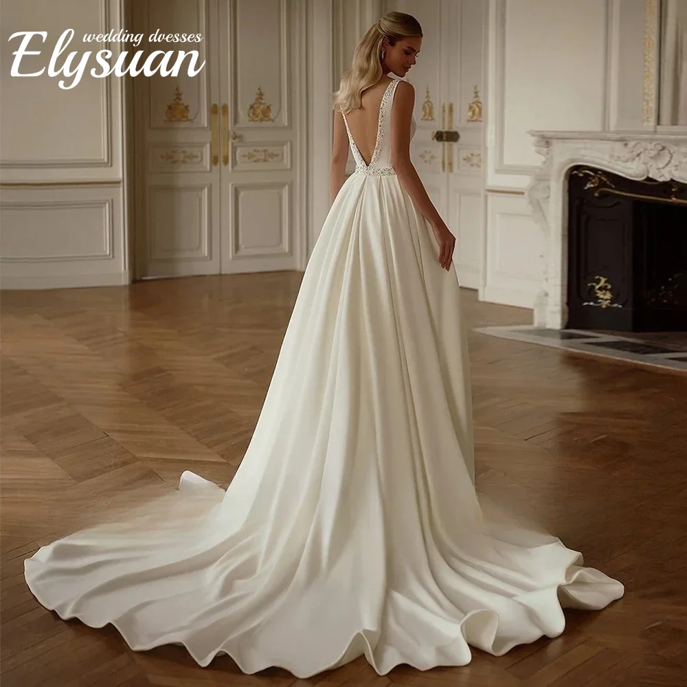 Customized  Wedding Dresses Detachable Train Deep V Neck Pearls Beading Sweep Train Backless Woman Bridal Gown