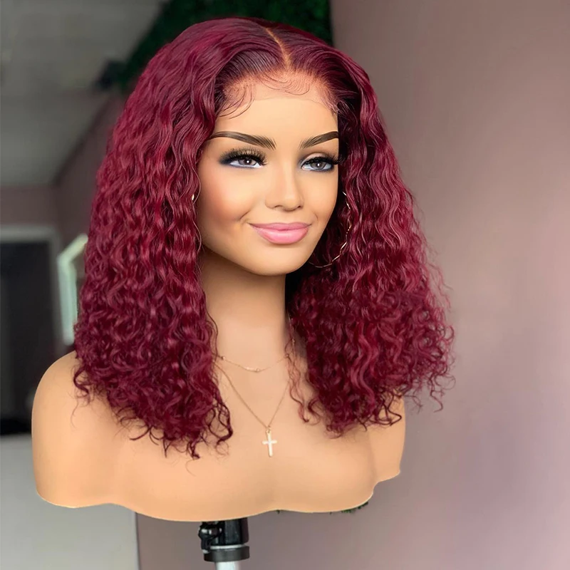 Soft Glueless Burgundy 26“Long Bob 99j Kinky Curly Lace Front Wig For Black Women BabyHair 180%Density Preplucked Daily Cosplay