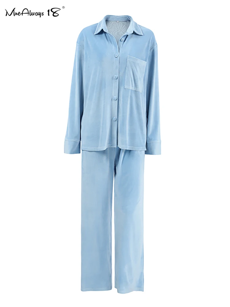 Mnealways18 Blue Velvet Pants Sets Women Two Pieces Homewear 2024 Notched Shirts And Wide Legs Pants Sleepwear Outfits Ladies