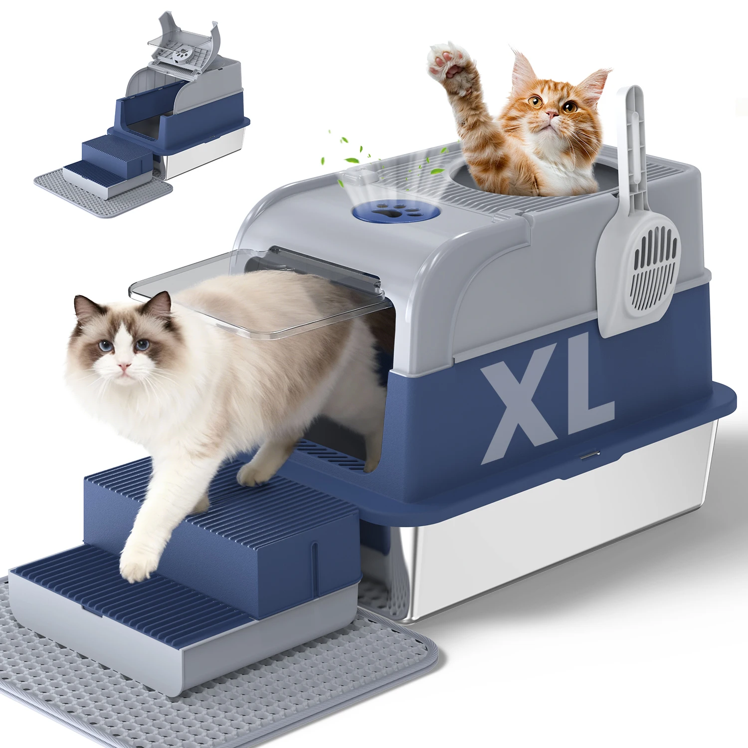 صندوق نفايات القطط من الفولاذ المقاوم للصدأ، غير لاصق للتحكم في الرائحة، سهل التنظيف مع غطاء ومغرفة مقاومة للصدأ، مرحاض متين من الفولاذ المقاوم للصدأ للحيوانات الأليفة