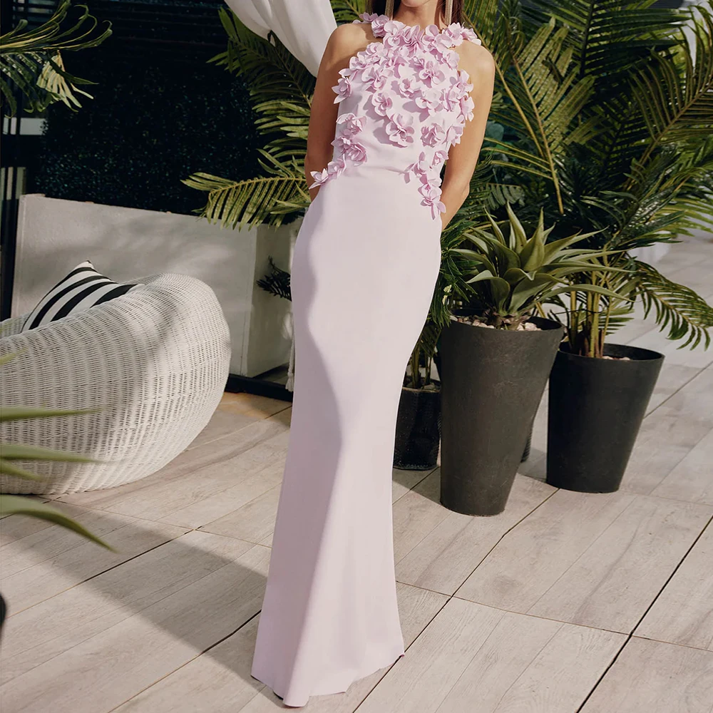 

Customized Mermaid Evening Dresses Floor-length V-neck Sleeveless Prom Gown Fashion Flowers Simple Draped Backless Party Gown