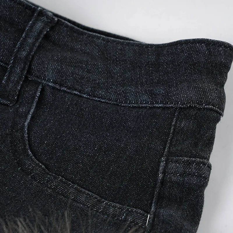 2026 New Retro Fluffy Splicing Denim Shorts Spice Girl Warm Fashion Low Waist Hip Hot Pants Women