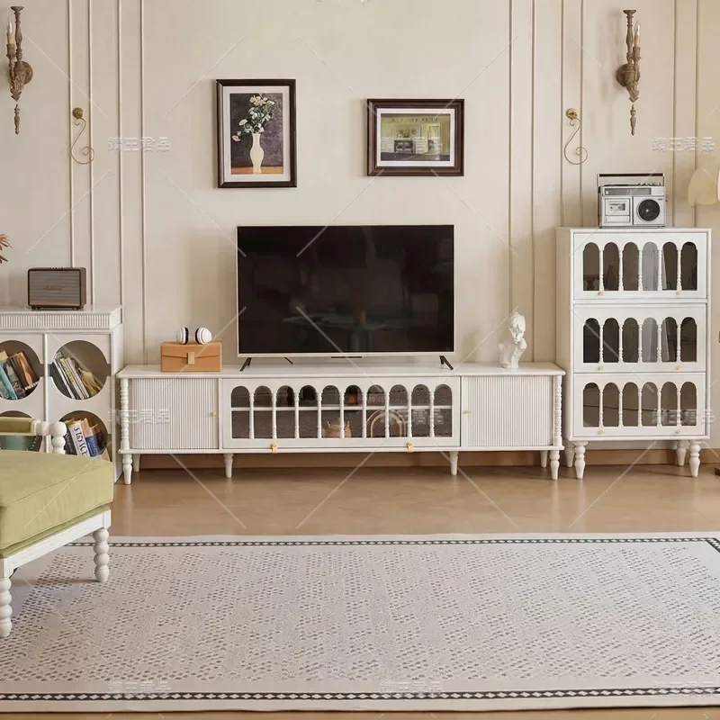 Ash Wood French Style TV Cabinet Solid Wood Cream White Retro Light Luxury Living Room Storage Unit with Coffee Table