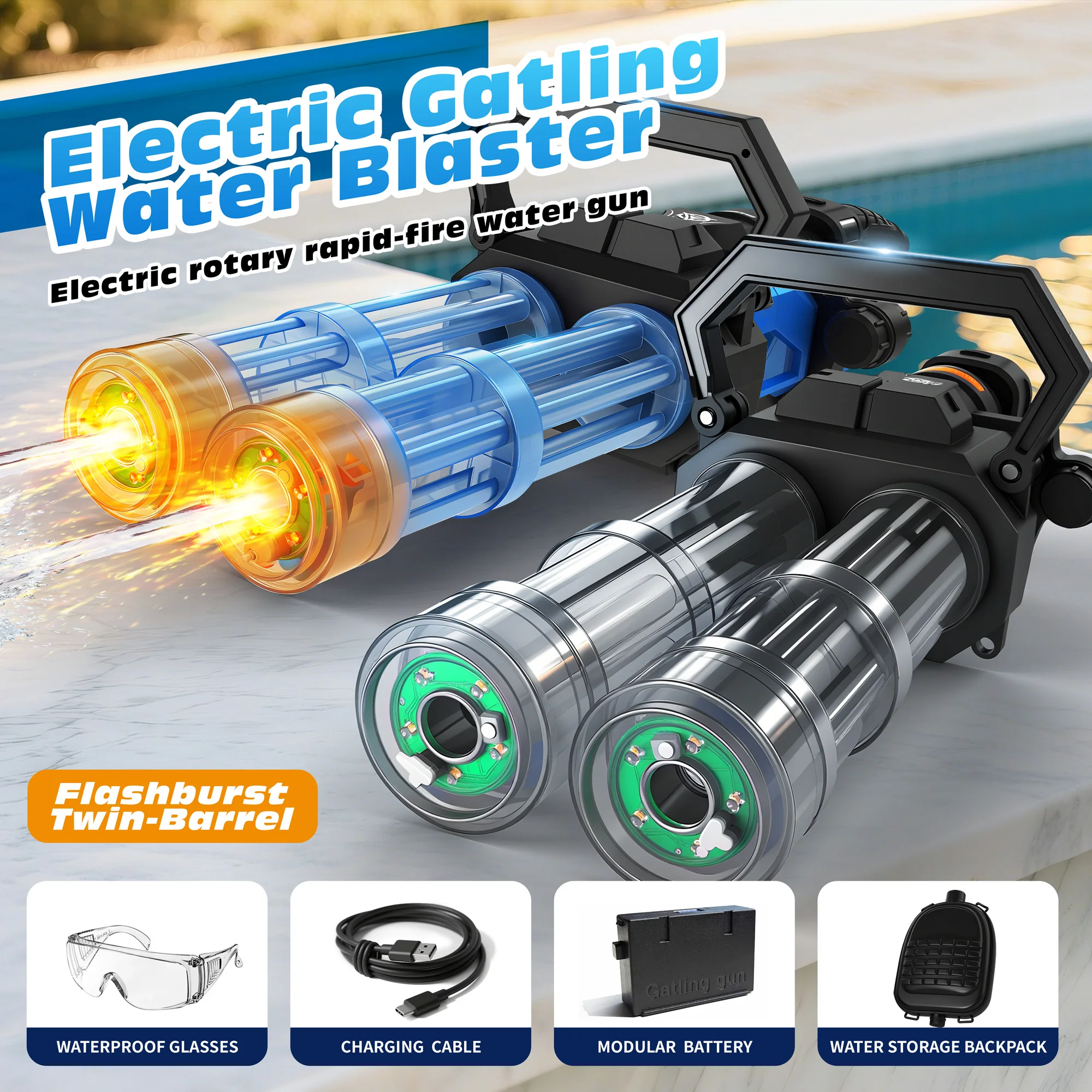 Pistola de agua eléctrica Gatling para adultos, pistola de agua con luz LED, pistolas de agua largas con mochila, juguetes al aire libre para niños mayores de 8 años