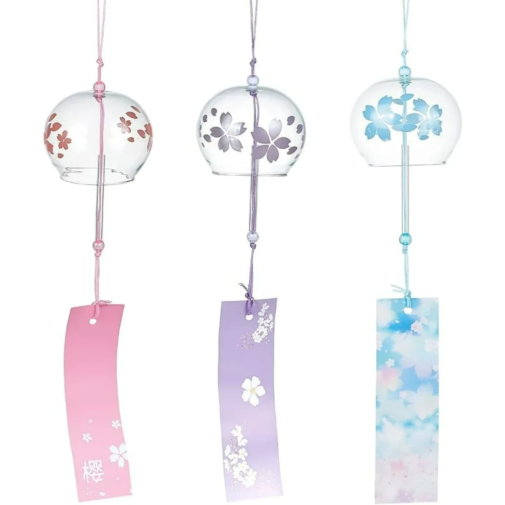 3pcs Japanese Wind Chimes Pink Blue Light Purple Flower Wind Bells Handmade Glass Pendants for Wedding Festival Gift Garden