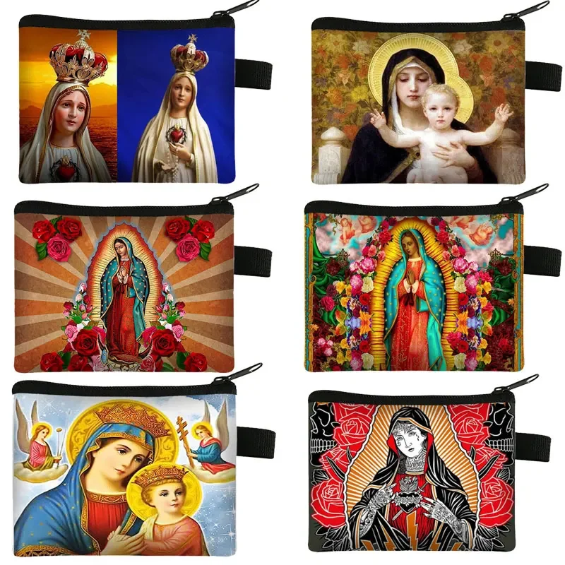 Bolsa de monedas con pintura al óleo de Santa María para mujer, monedero de la Virgen María, cartera católica de México, auriculares, bolsa de dinero