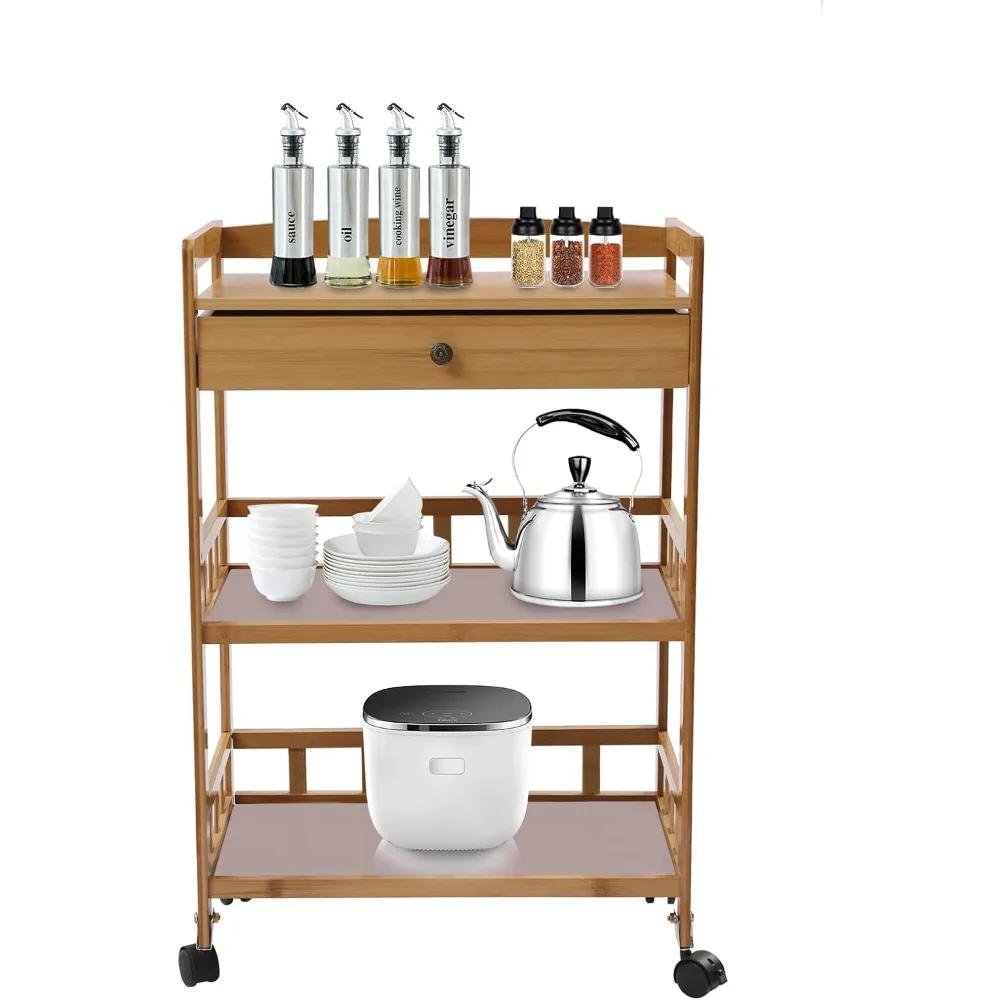 

Kitchen Rolling Cart with Wheels Bamboo Home Kitchen Island Trolley with Storage Drawer Stand 3 Tiers Shelves Cart Mobile Kitche