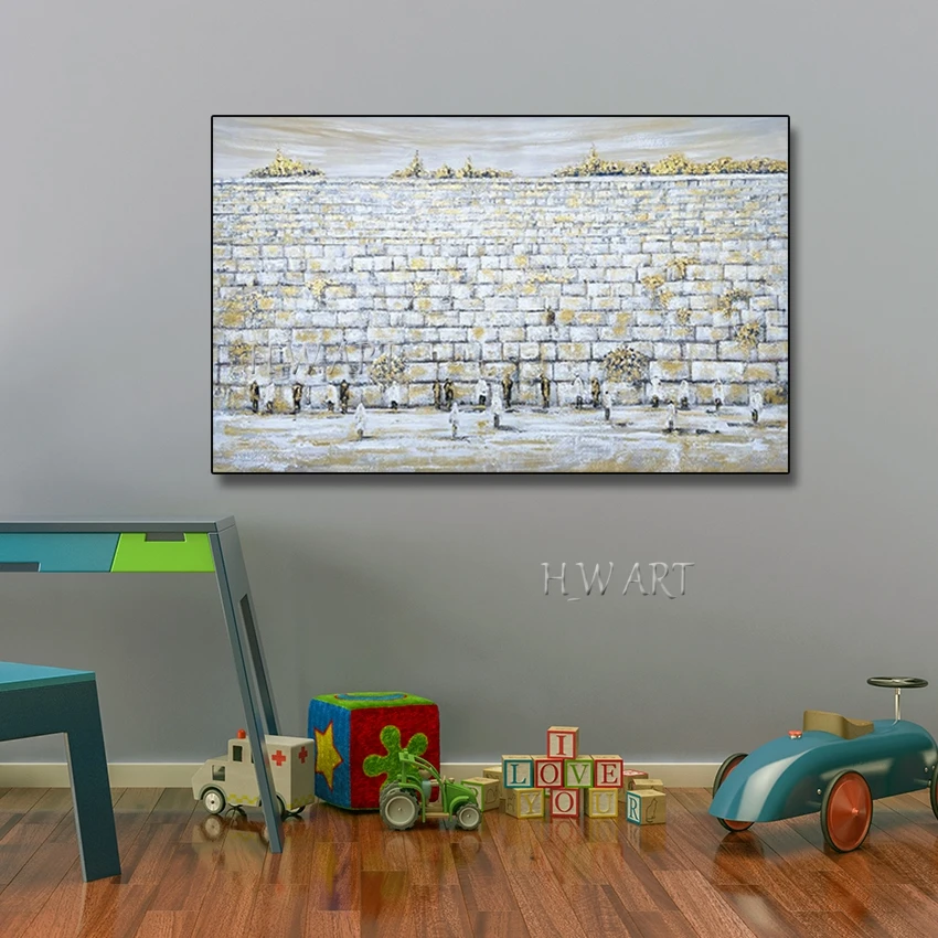 رسمت باليد العمل الفني الأصلي الجدار الغربي النفط اللوحة الناس التقسيم تحت الجدار الفن اليهودي مجردة القدس جدارية الصورة