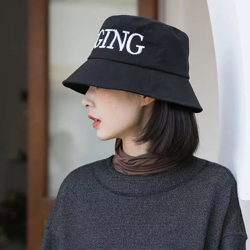 Topi Wanita Musim Semi Gugur Model Fisherman Bordir, Topi Pelindung Wajah, Topi Hip Hop Streetwear, Topi Bucket Trendi Musim Panas