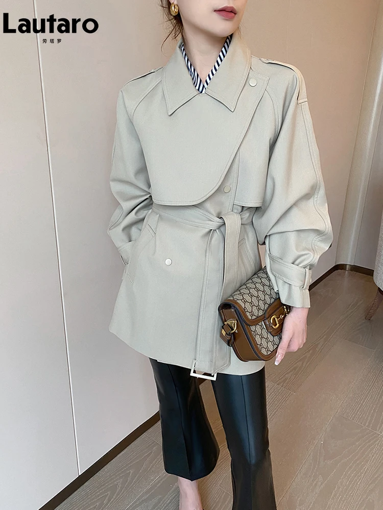 

Lautaro Spring Autumn Elegant Chic Trench Coat for Women with Raglan Sleeve Belt Double Breasted Luxury Designer Clothes 2023