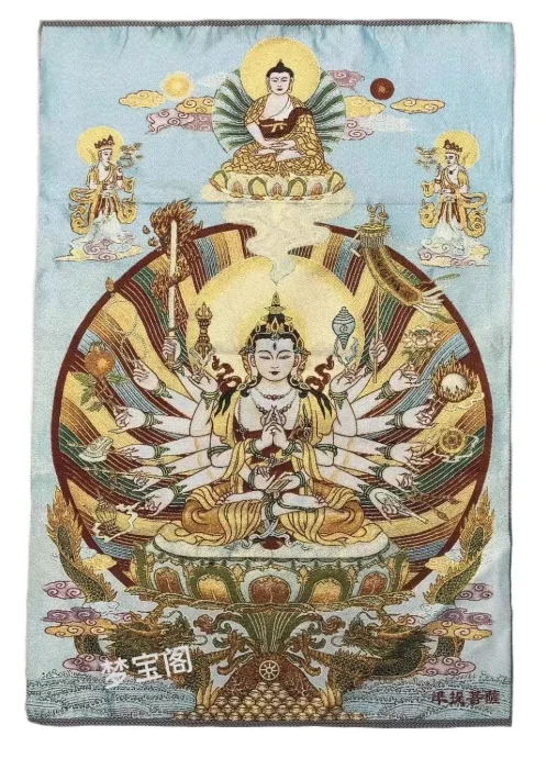 36“”Tantric Tangka Thousand Handed Guanyin Exquisite Home Silk Painting Religious and Folk Auspicious Decoration
