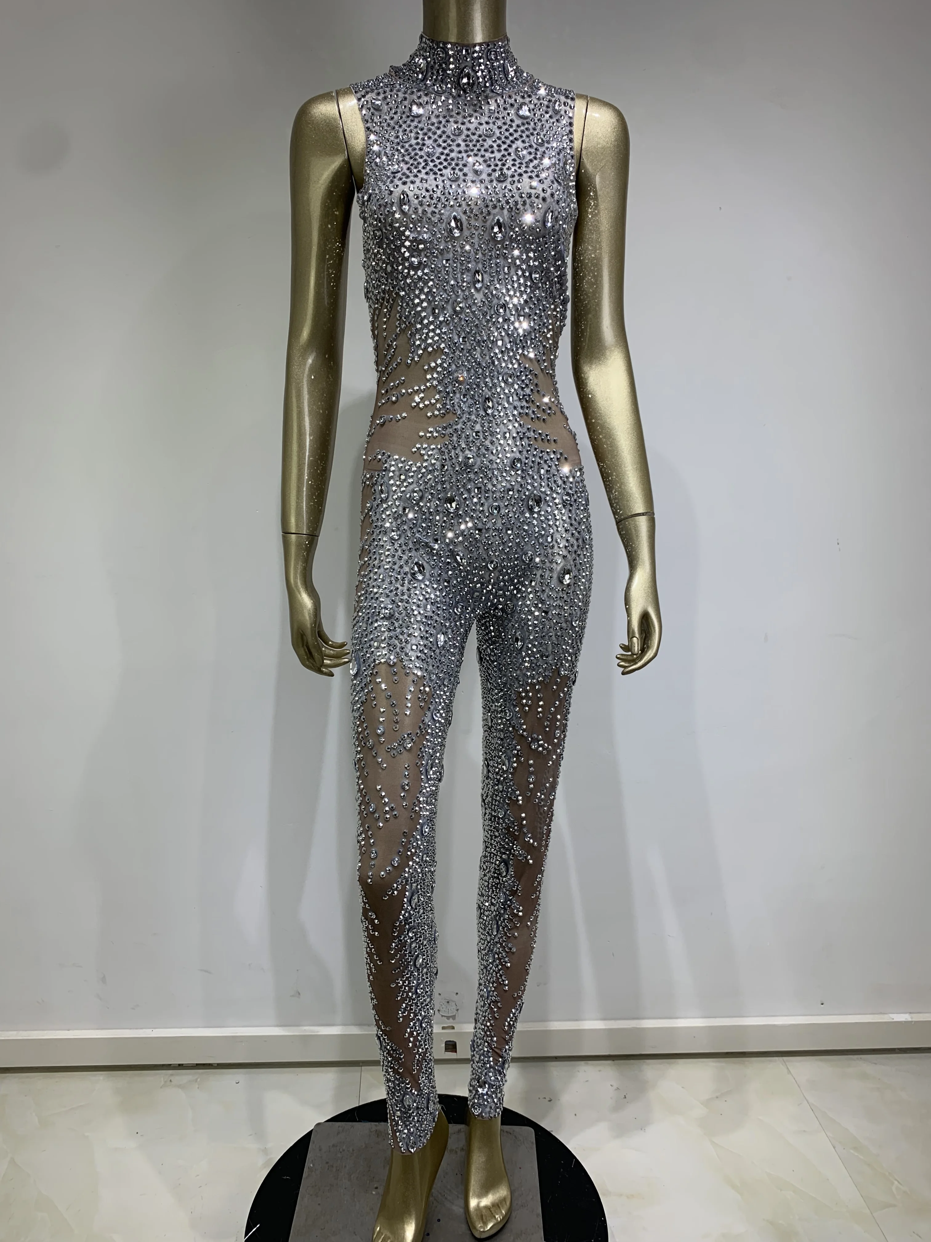 2024 New Sexy Stretch Tight Jumpsuit Birthday Celebration Singer DJ Bar Nightclub Sparkling rhinestone Stage Performance Costume