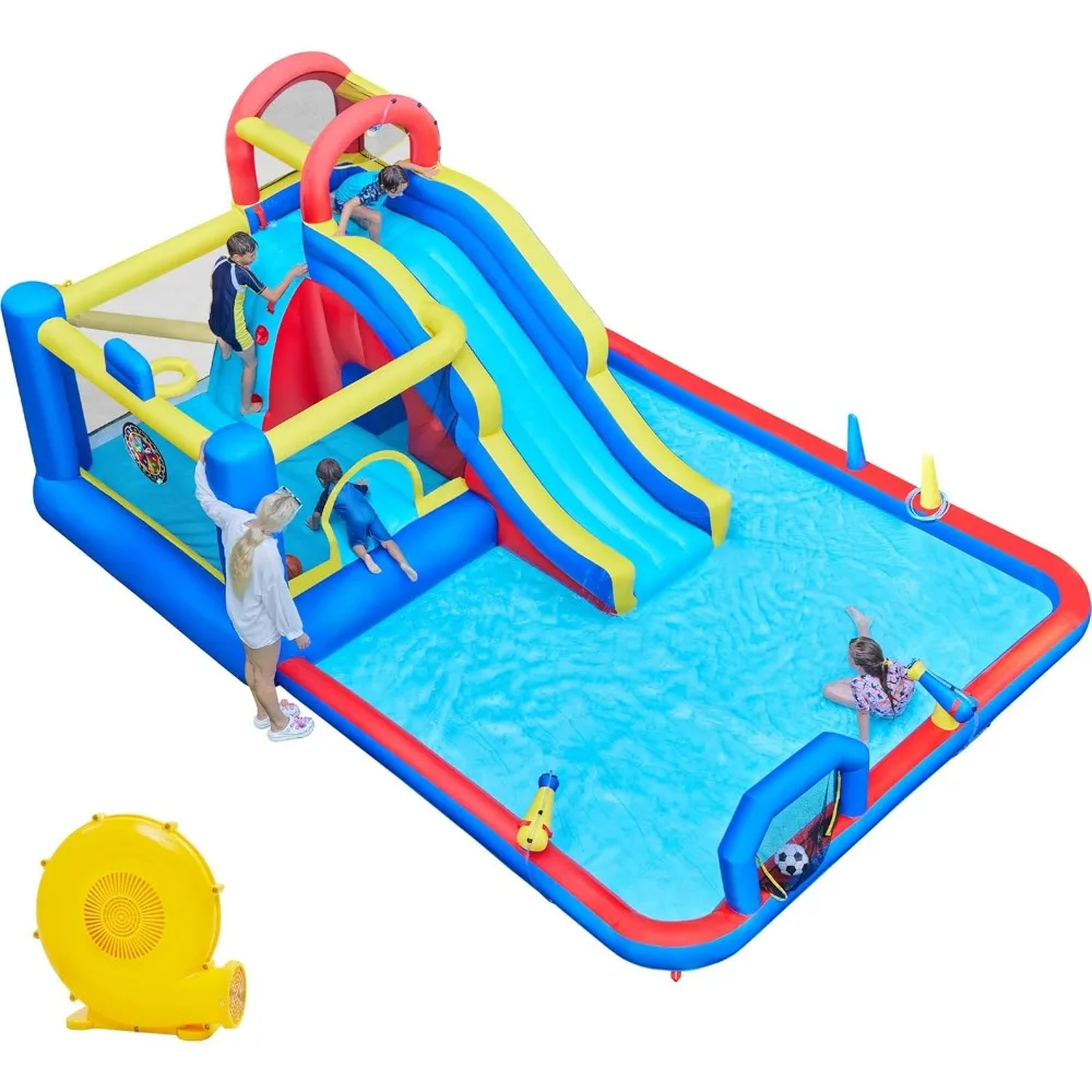 

10-in-1 Inflatable Bounce House w/Slide, Outdoor Water Slide w/Bouncer & Large Splash Pool for Kids Aged 3-10