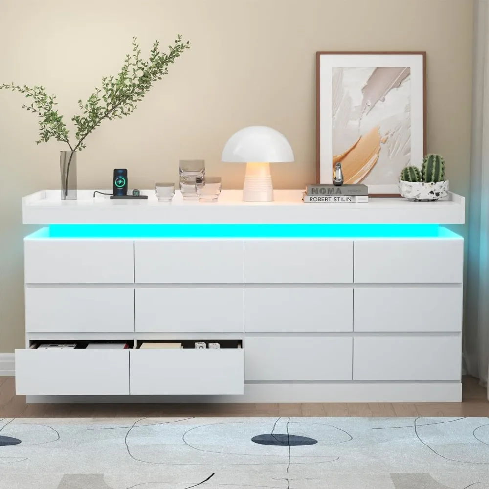 خزانة ذات 12 درج مع مخرج طاقة، خزانة ذات إضاءة LED، خزانة ذات أدراج حديثة للخزانة، منظم درج مزدوج واسع Ca