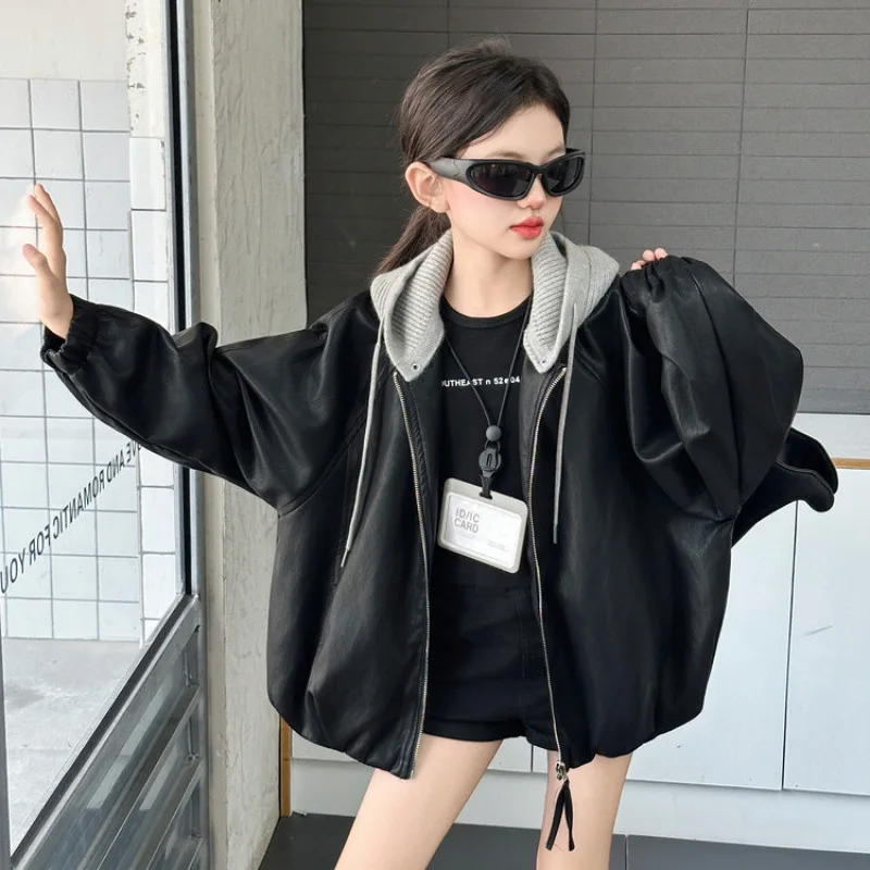 

Верхняя одежда для девочек, весенне-осенняя корейская вязаная кожаная куртка с капюшоном, повседневная повседневная модная универсальная одежда