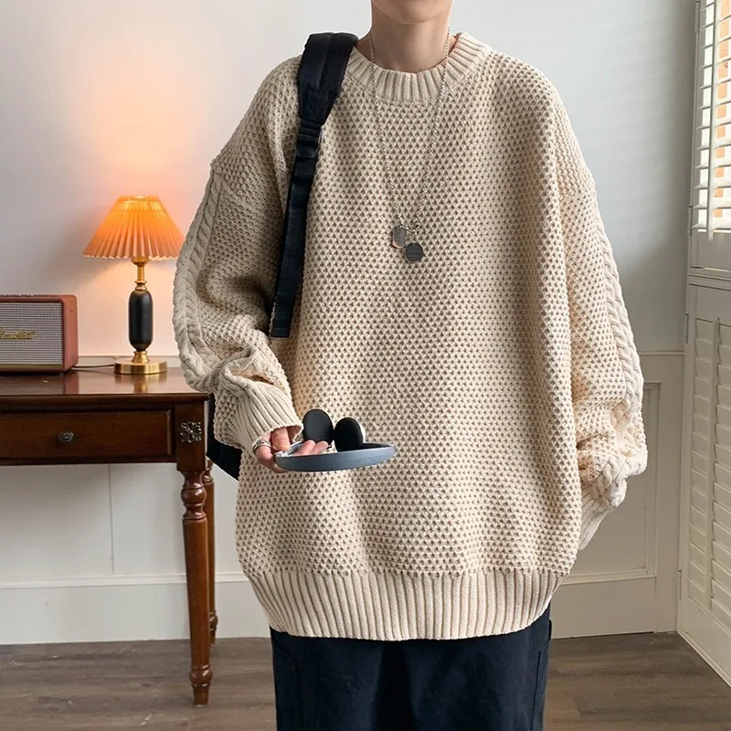 

American retro trend couple waffle sweater trendy brand ins solid color loose knit sweater autumn and winter lazy style jacket