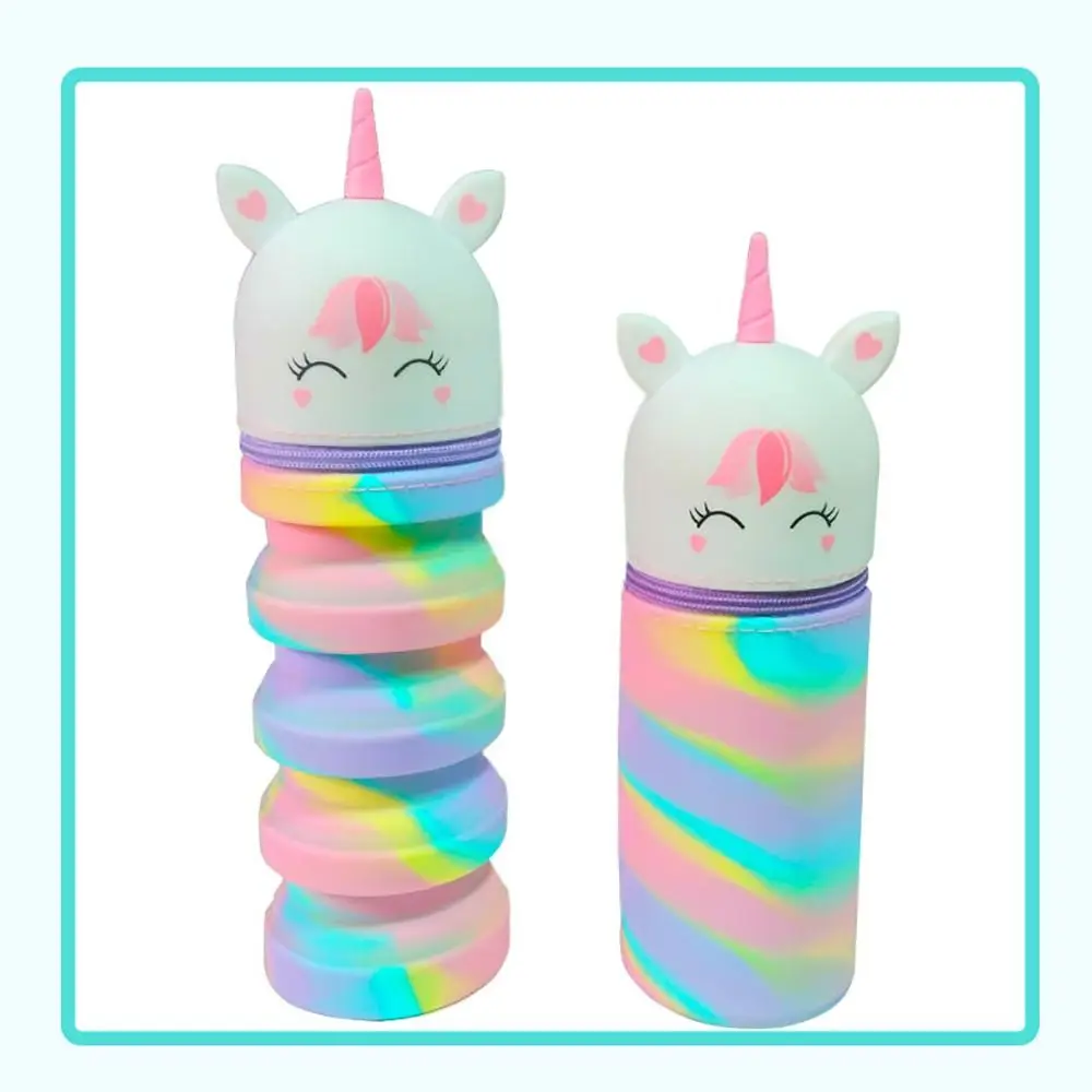 حافظة أقلام يونيكورن ملونة مستقيمة/قابلة للطي ذات سعة كبيرة من السيليكون حاوية أقلام لطيفة مقاومة للماء للطلاب