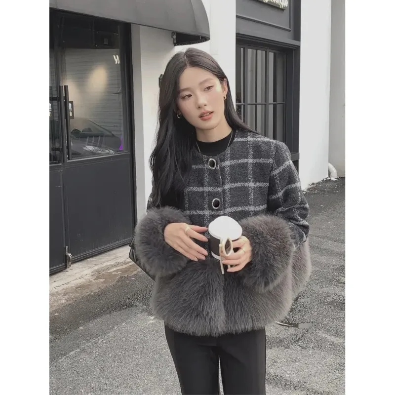 

Fashionable Cuffs Furry Stitching Long-sleeved Knitted Cardigan for Women Autumn and Winter New Style Printed Elegant Sweater