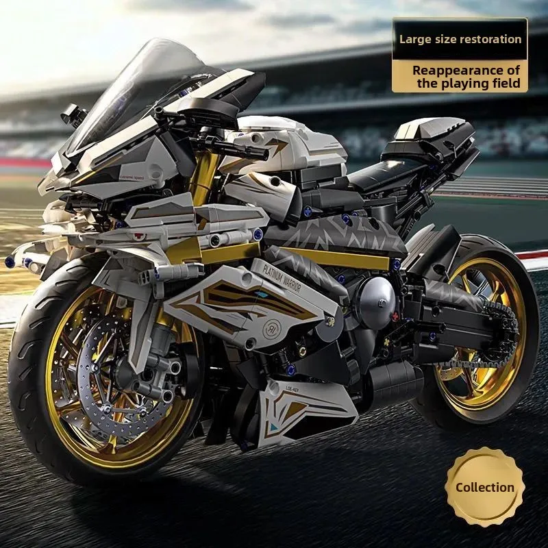 Nouveau 2026 Blocs de construction Moto de course blanche et dorée, modèle de collection pour garçon, cadeau
