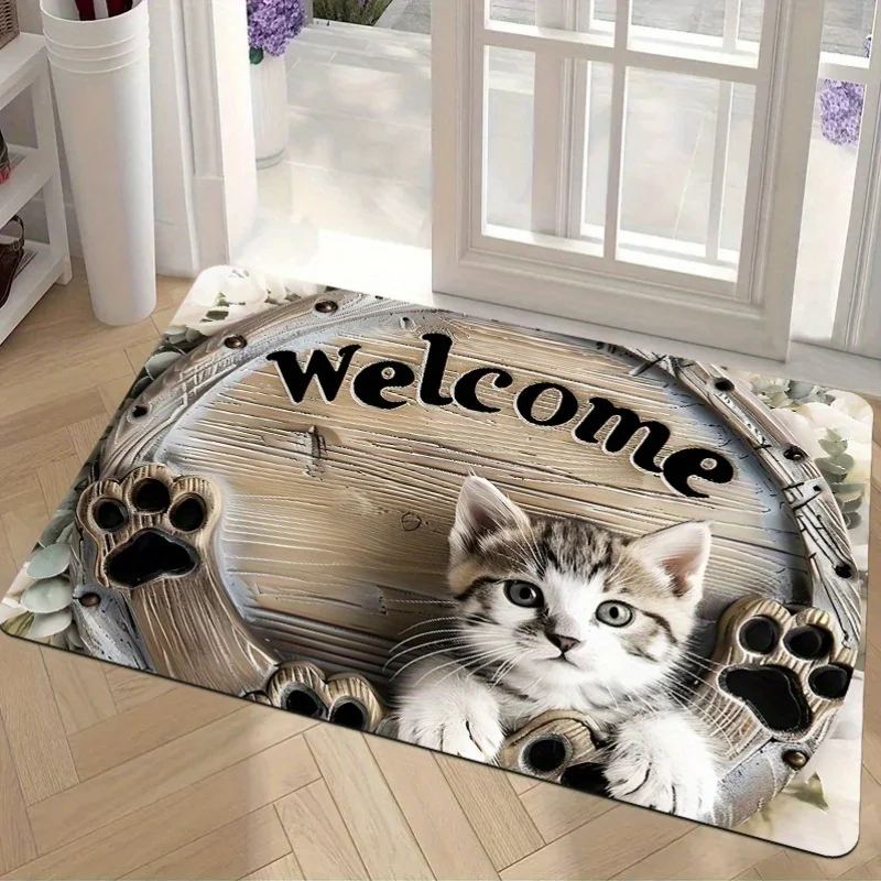 

Cute Cat Welcome Style Door Mat, Non-Slip and Machine Washable, Suitable for Entryway/Balcony etc., Adorable Paw Pattern